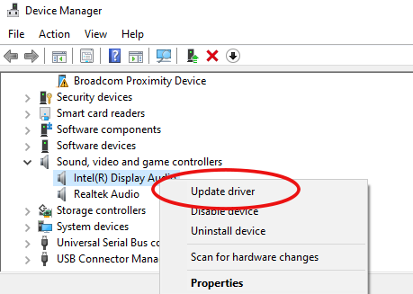 update sound drivers in device manager