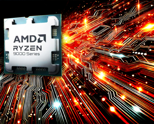 Alt Text: A dynamic high-tech background featuring a glowing circuit board pattern with bright, vibrant orange and red colors, creating a futuristic and energetic atmosphere. On the left side of the image is a large AMD Ryzen 9000 Series processor, prominently displayed, emphasizing the technological advancements and power of the new CPU series. The overall design conveys innovation and cutting-edge technology.