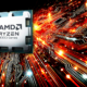 Alt Text: A dynamic high-tech background featuring a glowing circuit board pattern with bright, vibrant orange and red colors, creating a futuristic and energetic atmosphere. On the left side of the image is a large AMD Ryzen 9000 Series processor, prominently displayed, emphasizing the technological advancements and power of the new CPU series. The overall design conveys innovation and cutting-edge technology.