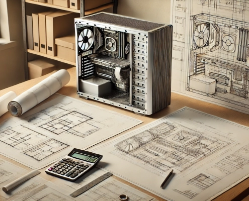 A setup for planning a high-end custom gaming PC build with blueprints rolled out on a table showing a computer case diagram. The image includes detailed architectural plans of a computer case, a pencil, a ruler, and a calculator. The background features a simple, organized workspace with neutral colors and good lighting, focusing on the blueprints and planning tools.