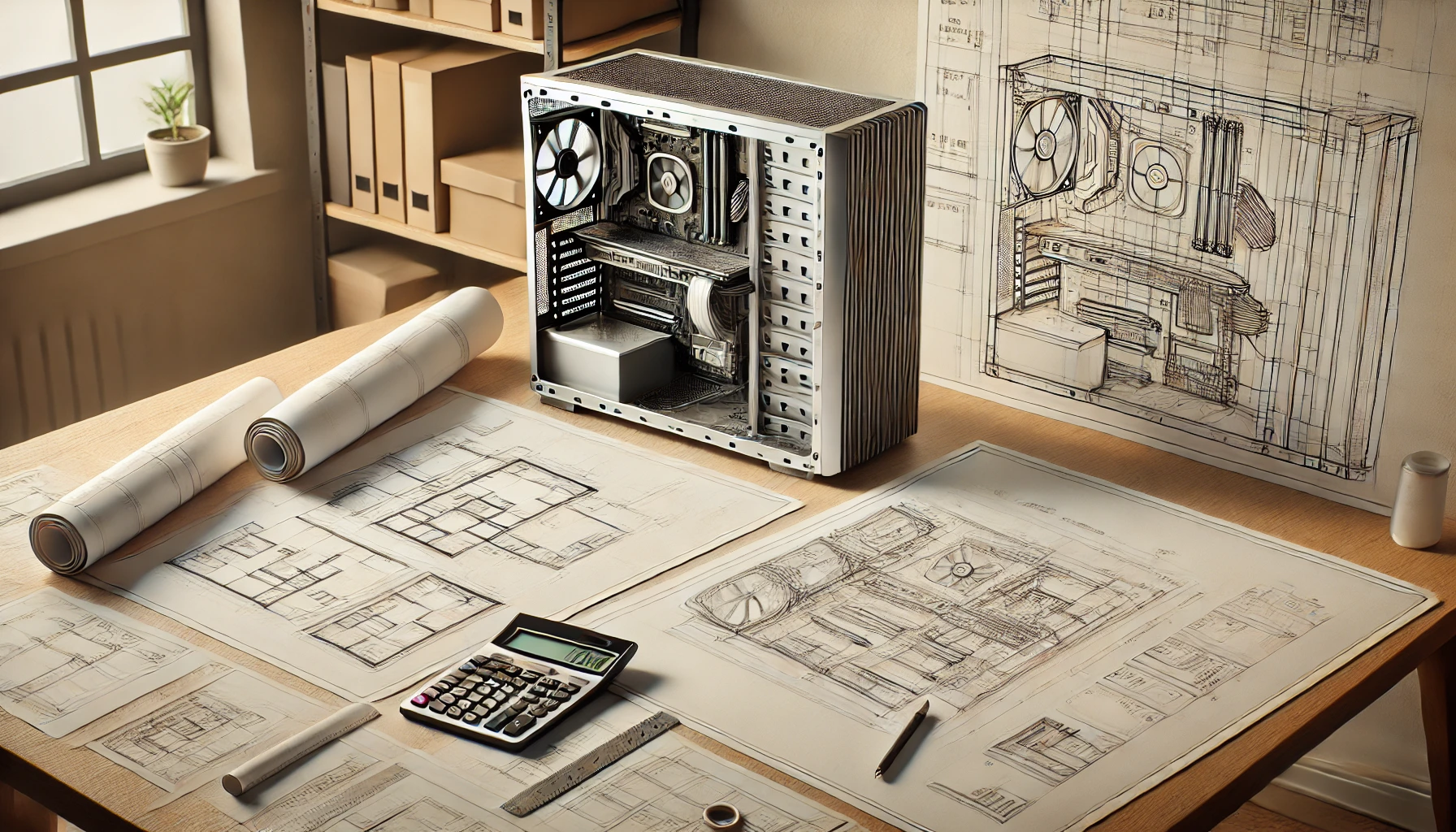 A setup for planning a high-end custom gaming PC build with blueprints rolled out on a table showing a computer case diagram. The image includes detailed architectural plans of a computer case, a pencil, a ruler, and a calculator. The background features a simple, organized workspace with neutral colors and good lighting, focusing on the blueprints and planning tools.