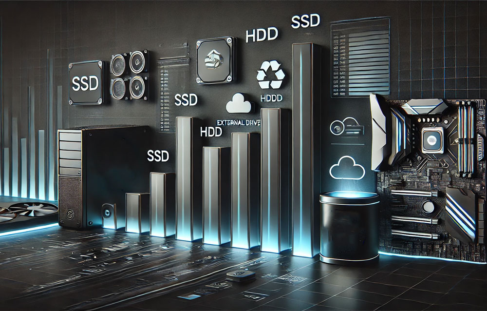 Chart-style image representing storage management for a gaming PC, featuring bar charts of different storage types (SSD, HDD, External Drives) with icons like a recycle bin, cloud storage, and file folders, set against a tech-themed background with dark tones.