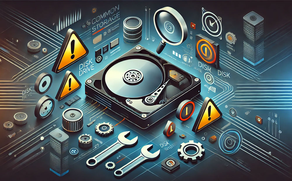 Image illustrating common troubleshooting steps for storage issues on a gaming PC, featuring realistic icons such as connected cables, BIOS/UEFI settings, command prompt with Diskpart, disk defragmentation tool, and a USB drive being reconnected, set against a modern, tech-themed background.