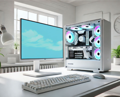 A modern white PC build setup displayed on a minimalist desk in a clean, bright room. The setup includes a white PC tower with visible internal components, RGB lighting, a large monitor with a light blue screen, and a white keyboard and mouse. The room features white walls, a desk lamp, green plants, and a clock on the wall, all contributing to a sleek and sophisticated aesthetic. The overall scene exudes a high-tech, contemporary vibe, perfect for a stylish gaming or workspace environment.