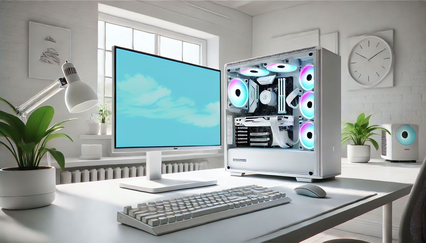 A modern white PC build setup displayed on a minimalist desk in a clean, bright room. The setup includes a white PC tower with visible internal components, RGB lighting, a large monitor with a light blue screen, and a white keyboard and mouse. The room features white walls, a desk lamp, green plants, and a clock on the wall, all contributing to a sleek and sophisticated aesthetic. The overall scene exudes a high-tech, contemporary vibe, perfect for a stylish gaming or workspace environment.