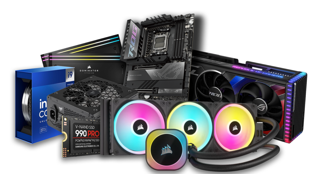 High-end PC components including Intel i9 processor, Corsair liquid cooling system, Samsung 990 Pro SSD, ASUS ROG graphics card, Corsair Dominator RAM, and ASUS motherboard.