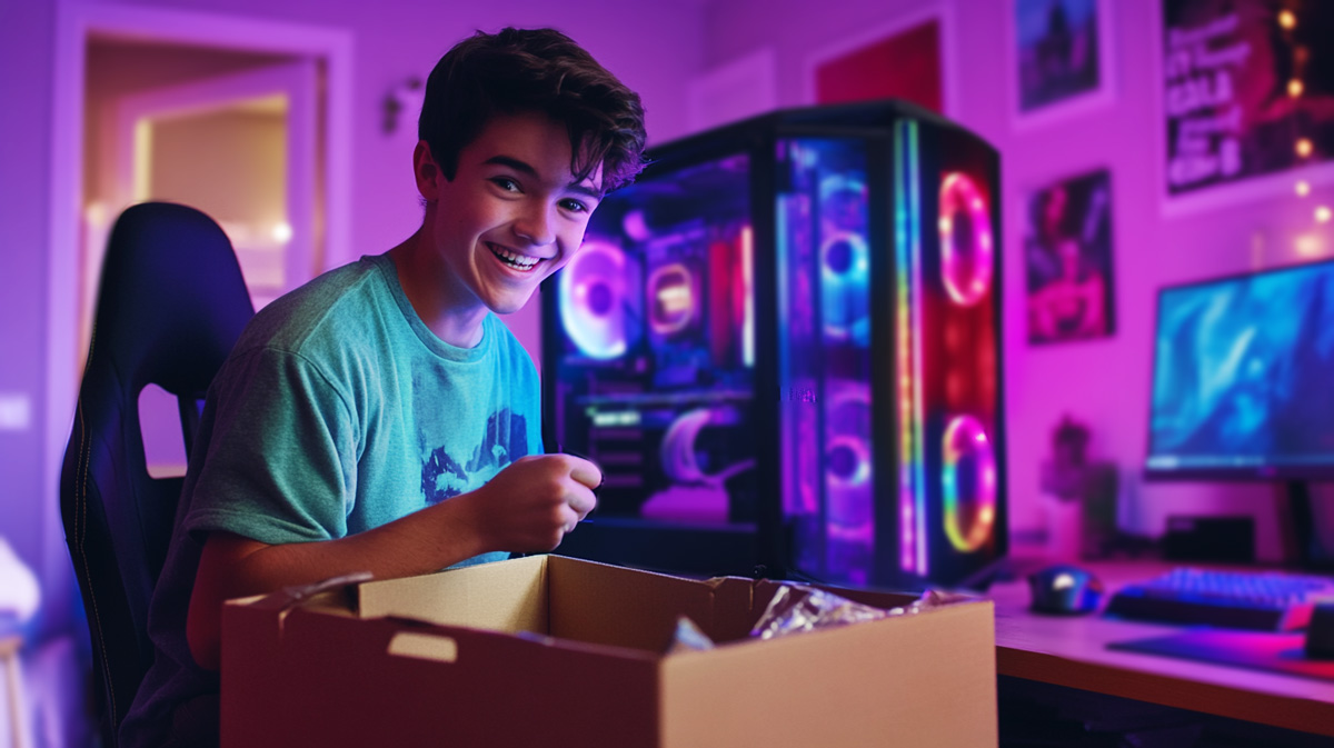 Immediate Use of Pre Buil PC - a boy smiling at the camera after opening up his new custom pre-built PC