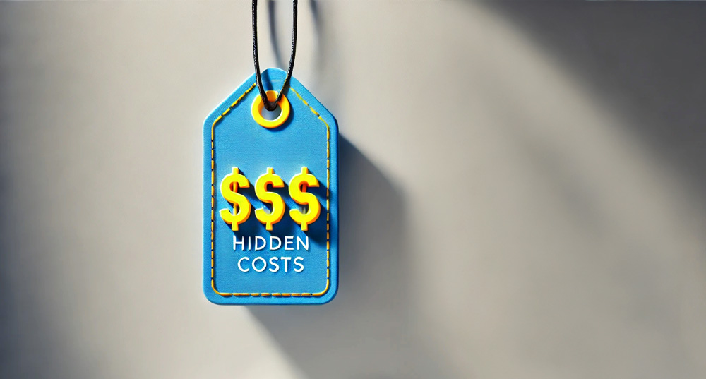 Hidden Costs Comparison - a blue price tag with yellow dollar signs on it